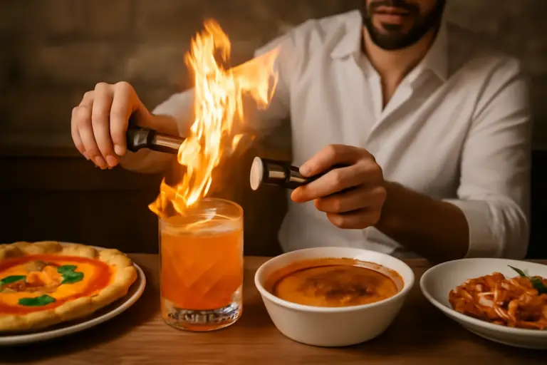 La fiammeggiatura: il gesto scenografico che esalta cocktail e piatti italiani dolci e salati